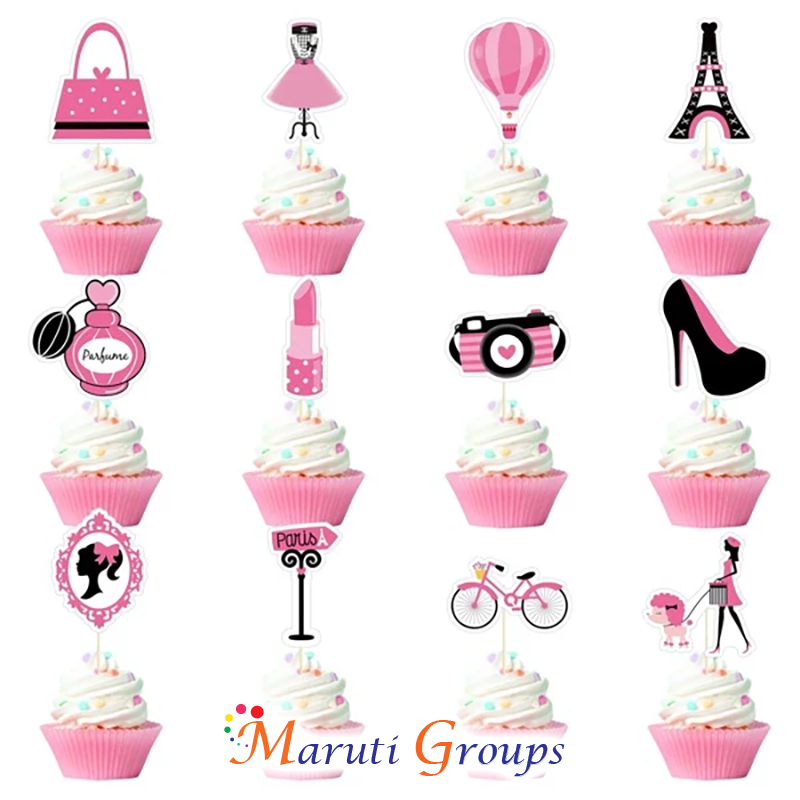 12pcs Barbie Themed Cupcake Topper Picks Flags Pink Birthday